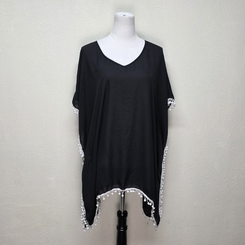 ADREAMLY Black Swim Coverup with White Pompom Accent Trim